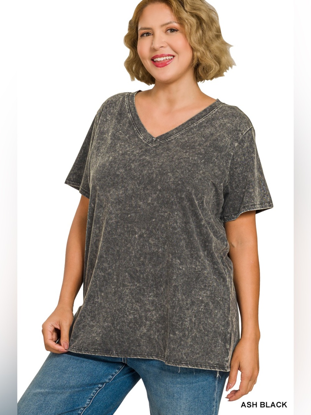Zenana WASHED SHORT SLEEVE V-NECK TOP